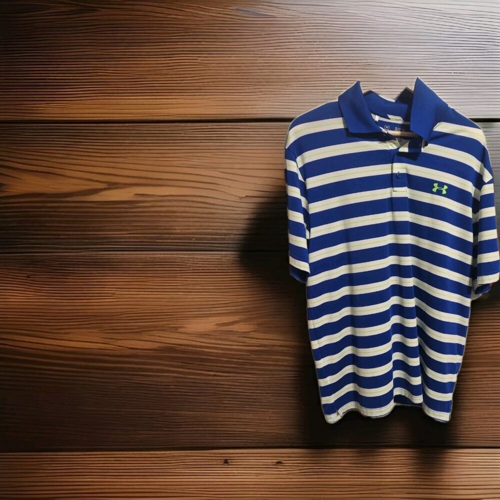 Under‎ Armour Mens XL Neon Green Blue Striped Short Sleeve Golf Polo Shirt
